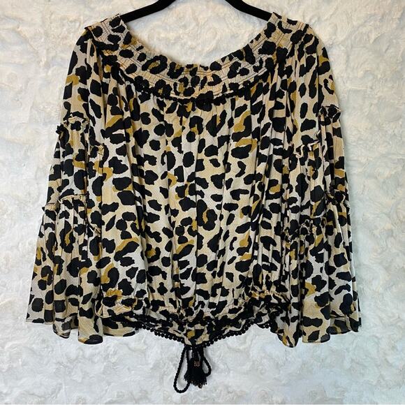Vintage Havana Off The Shoulder Blouse Small Flowy Leopard Print Bell Sleeve - Picture 11 of 14